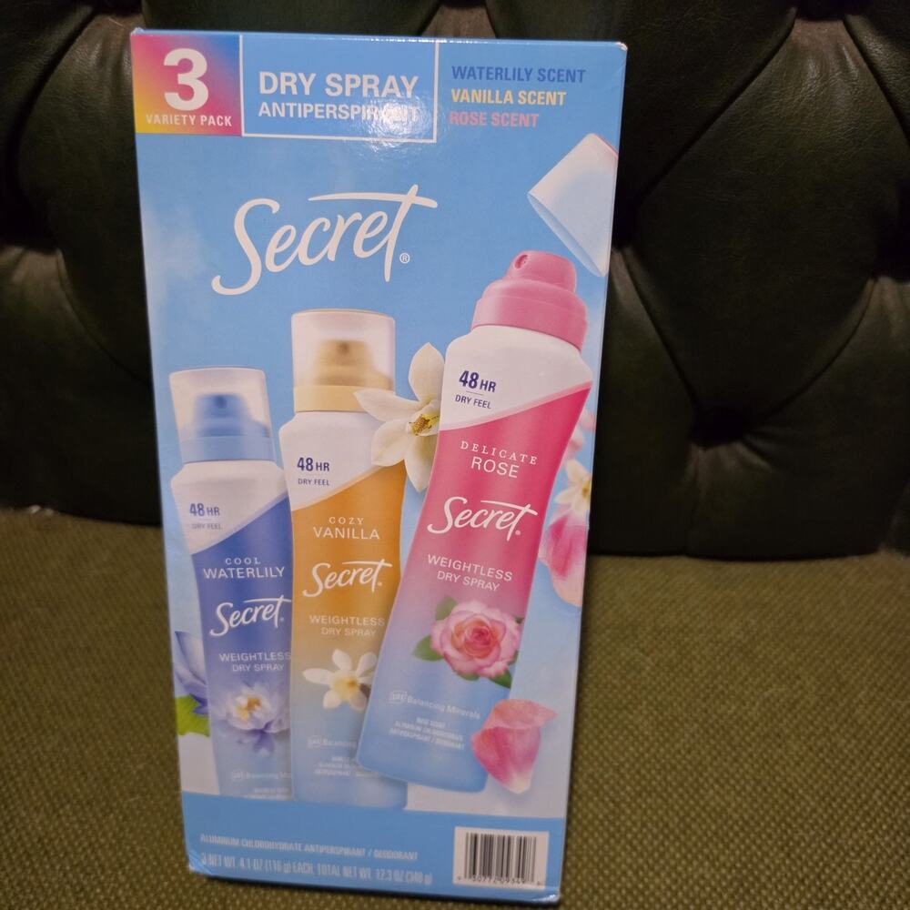 Secret Dry Spray Antiperspirant 3 Pack Variety Waterlily Vanilla Rose 48HR 4.1oz